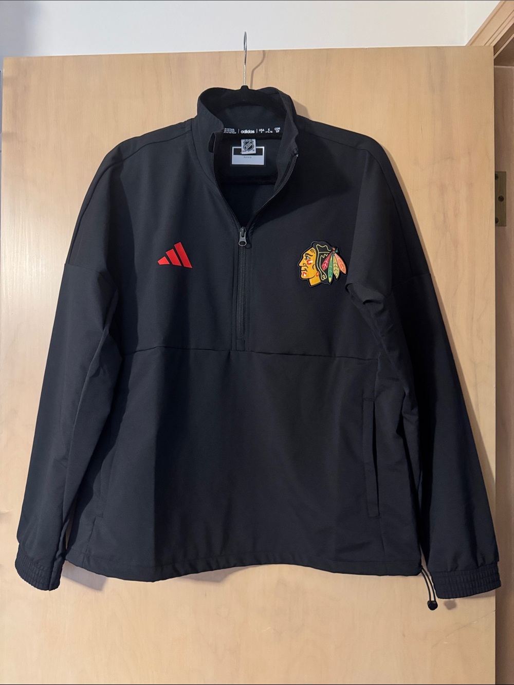 adidas Black Pullover Windbreaker with Red Logo and Team Patch
